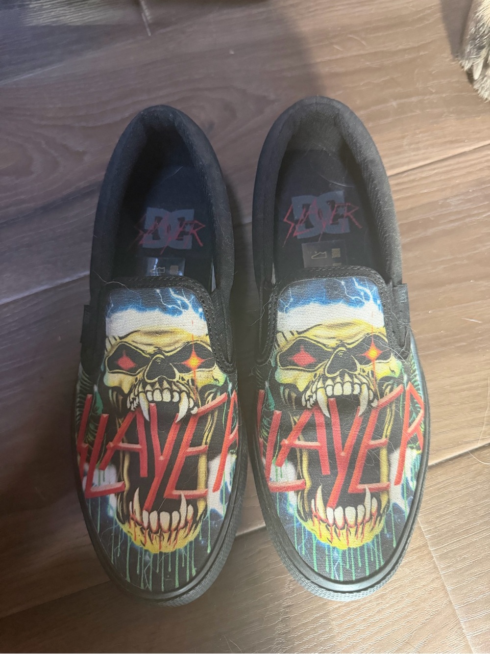 DC Black Slip-On Sneakers with Multicolor Slayer Skull Graphic